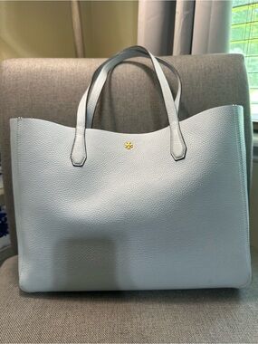 Tory Burch Pale Blue Pebbled Leather Tote with Gold Logo